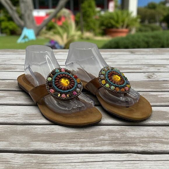 Madeline Stuart 8.5M Rhinestone Beaded Stone Embellishment Brown Sandals - Picture 1 of 11